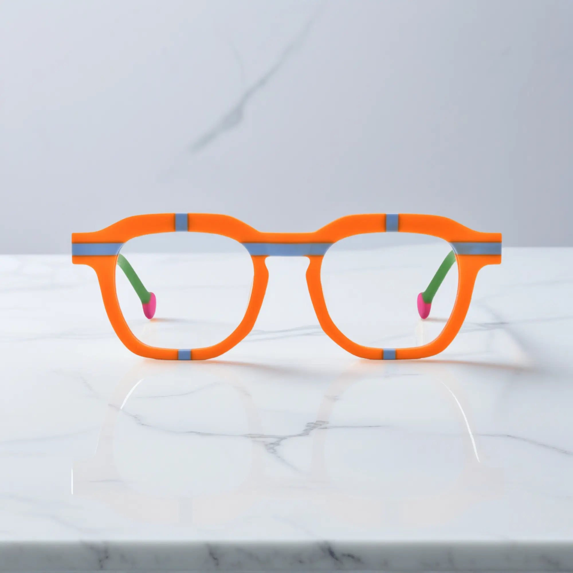 Front view of VoyueLens™ VL19363 Citrus Pop full-rim orange acetate eyeglass frame with green temples